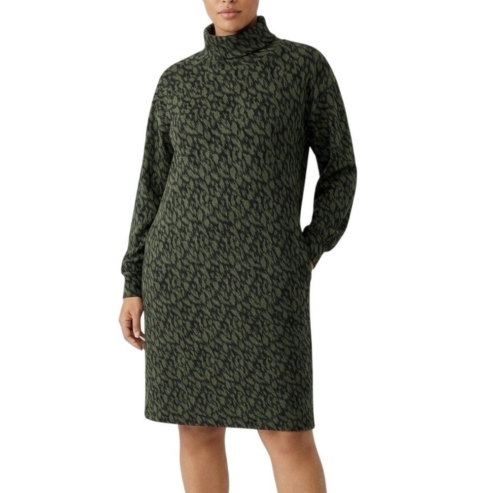 Garnet Hill Zen Comfort‎ Knit Turtleneck Dress Forest Green Textured Size Medium